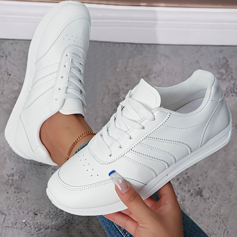 Women's White & Navy Blue Low-Top Sneakers - Soft Cushioned Sole, PU Cover Upper, Lace-Up Round Toe - All-Season Comfortable Walking Shoes (Wide Widths Available) - Casual & Sneakers for, Casual Attire, Shoes For Women, Train