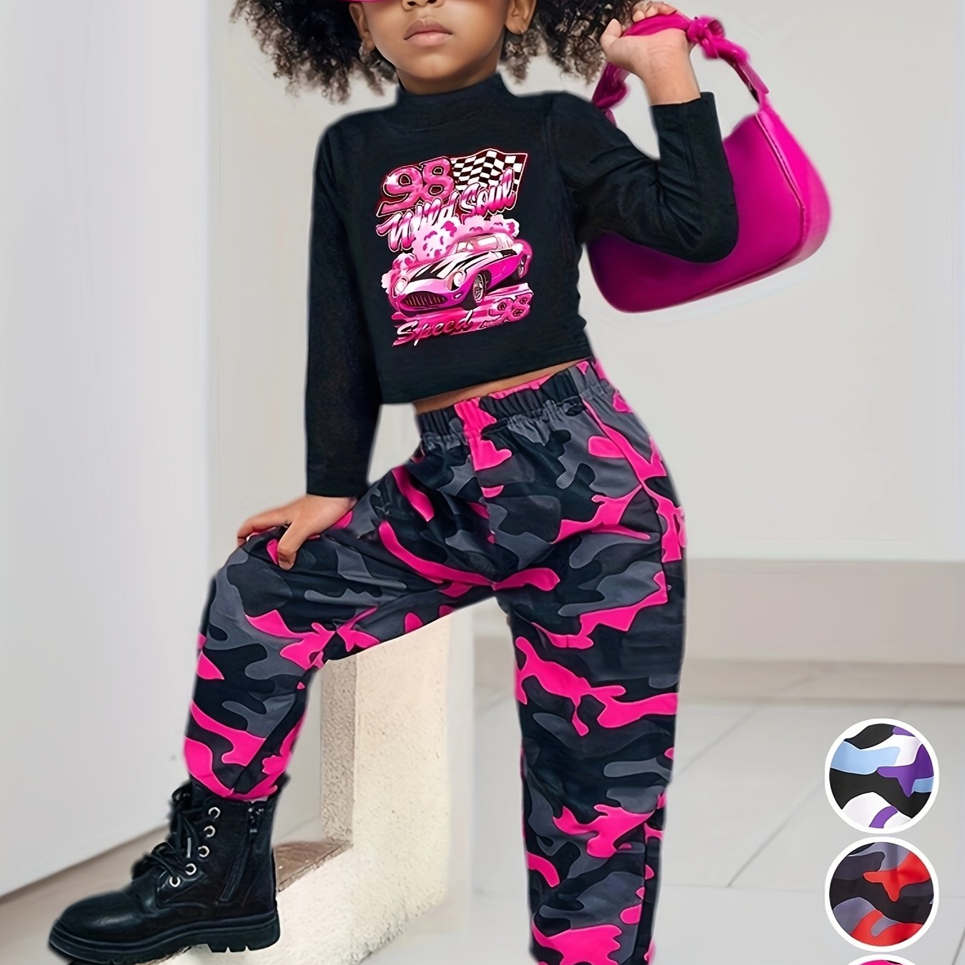 Girls 2pcs Set: Black Small High Collar Long Sleeve Pattern T-shirt + Camouflage Work Bag Jogging Pants, Suitable for Autumn, Suitable for 3 Years Old and Above, for Outdoor