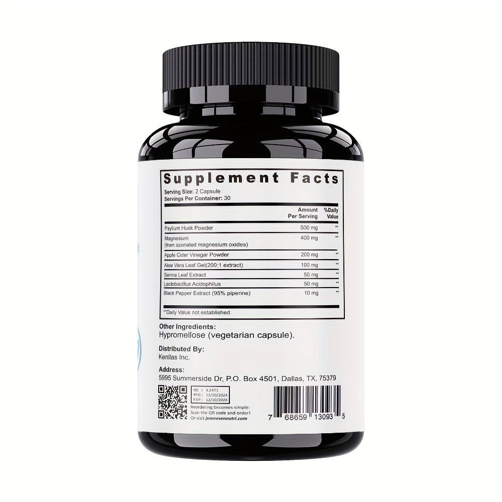 JEMEESEN Gut Cleansing Supplement, Lymphatic Health And Fluid Balance, Advanced Herbal Ingredients - Psyllium Husk Powder, Magnesium, Apple Cider Vinegar Powder, Aloe Vera Leaf Gel And More, 60 Capsules - 30 Day Supply