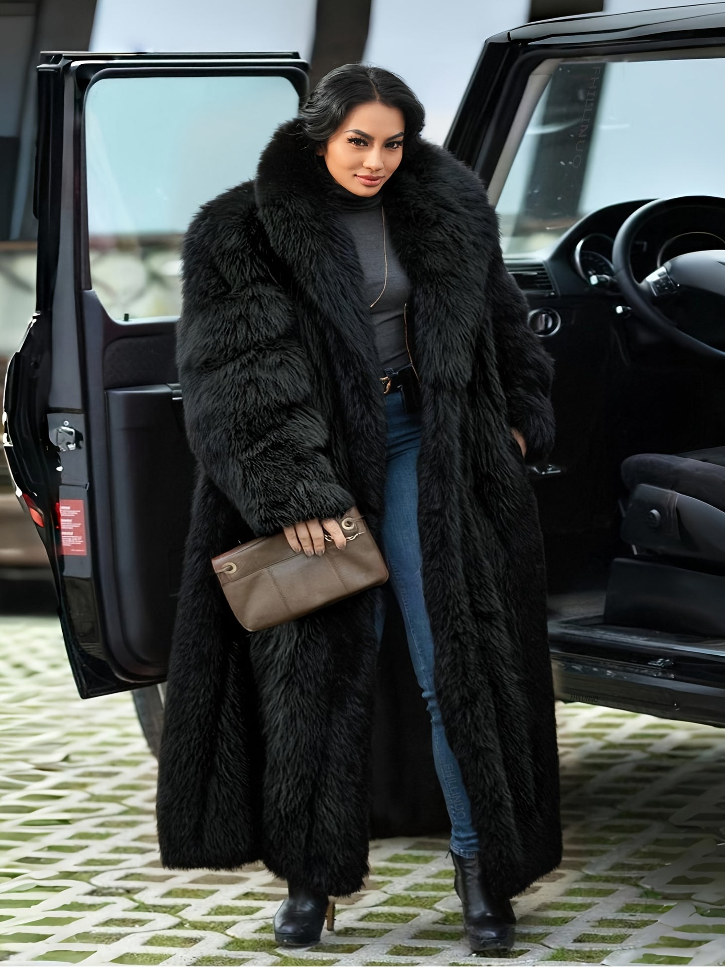 Plus Size - Plus Size Long Faux Rabbit Coat for Women | Stylish and Casual with Elegant Vibe, Non-Stretch Fabric, Lapel Collar, Solid Color, Regular Sleeve, Long Length, Fall/Winter Season