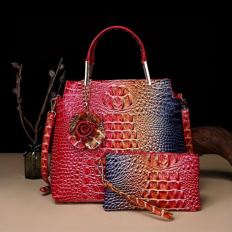 2pcs Crocodile Print Handbag Set - Fashionable Vintage Style, Multi-Functional Top Handle Crossbody, Business Clutch & Coin Purse - Spacious, Secure, Ideal for Everyday Chic