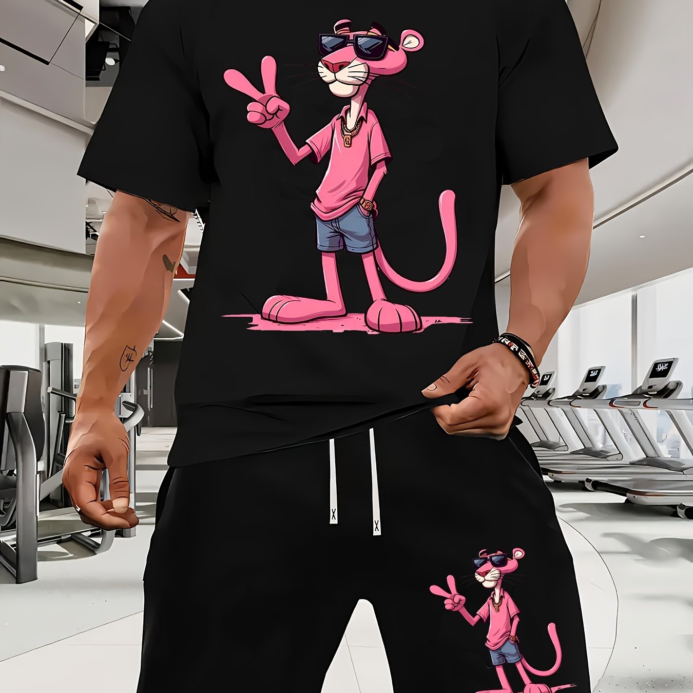 A Casual Sports Set Consisting of a Short-Sleeve T-Shirt Featuring a Stylish Pink Panther Cartoon Print And Fitted Shorts, Perfect for Spring And Summer Outfits.