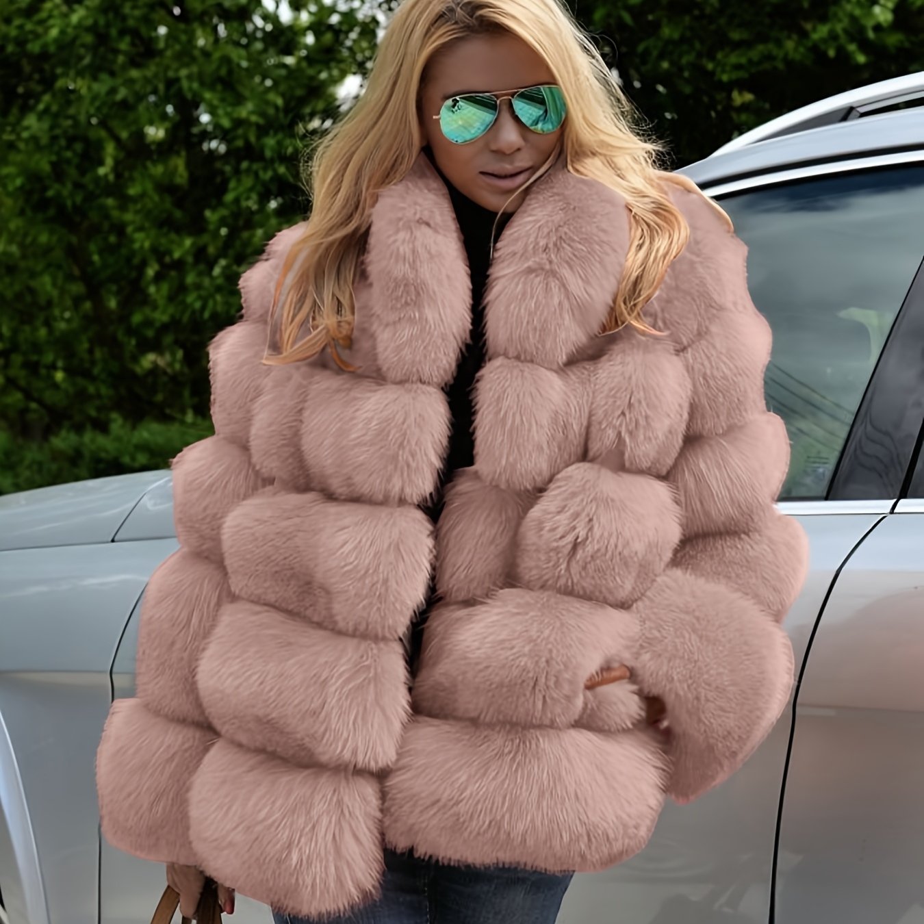 Plus Size, Women's Large Size Thickened Loose Temperament Commuting Solid Color Imitation Rabbit Fur Coat Casual Jacket