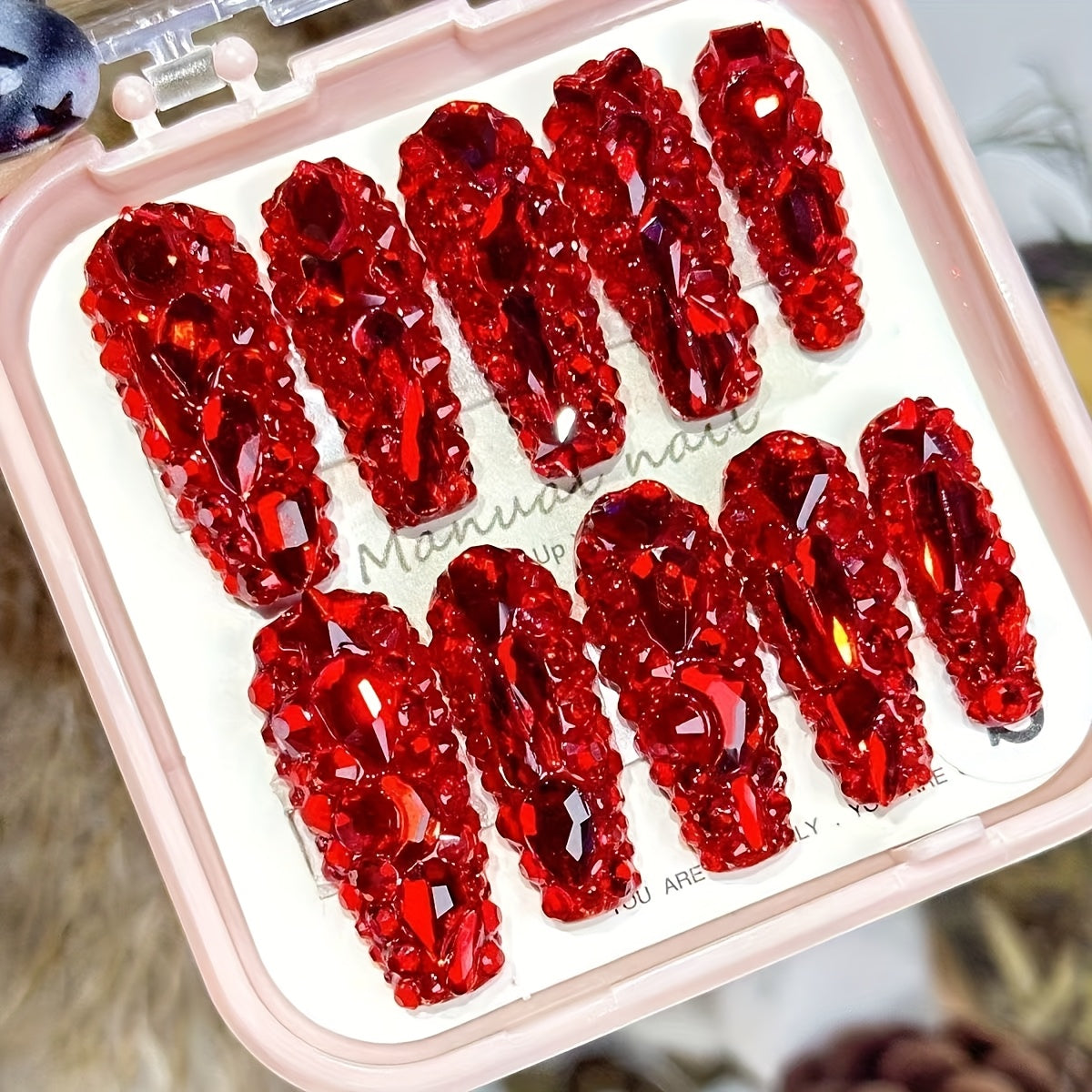 Set of 10 Red Burst Flash Rhinestones, Adorned with Diamonds, Featuring a Trapezoid Shape in a Spice -Inspired Handmade Design, Durable And High-Quality for Removable Nail Art.