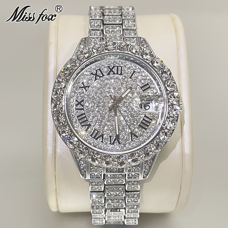 MISSFOX Elegant Quartz Watch for Women - Luminous, Round Alloy Case, Hip-Hop Iced-Out Design with Sparkling Crystals, Perfect for Casual or Formal Wear, Ladies Watches