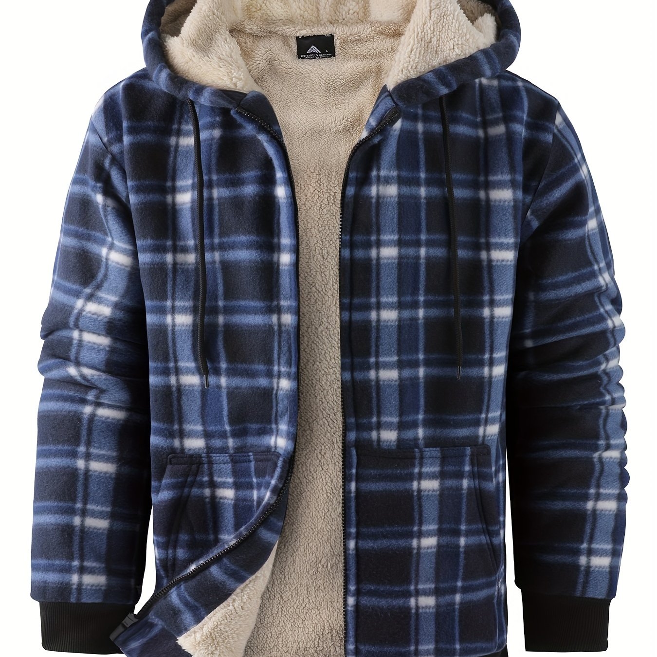 Men's Heavyweight Fleece Hooded Jacket - Full-Zip Sherpa Lining, Thick Winter Coat with Plaid Pattern (Blue/Black/Beige/Brown), Zippered Pockets, Hand Washable, Casual Outerwear for Cold Weather & Everyday Use - Ideal for Ski