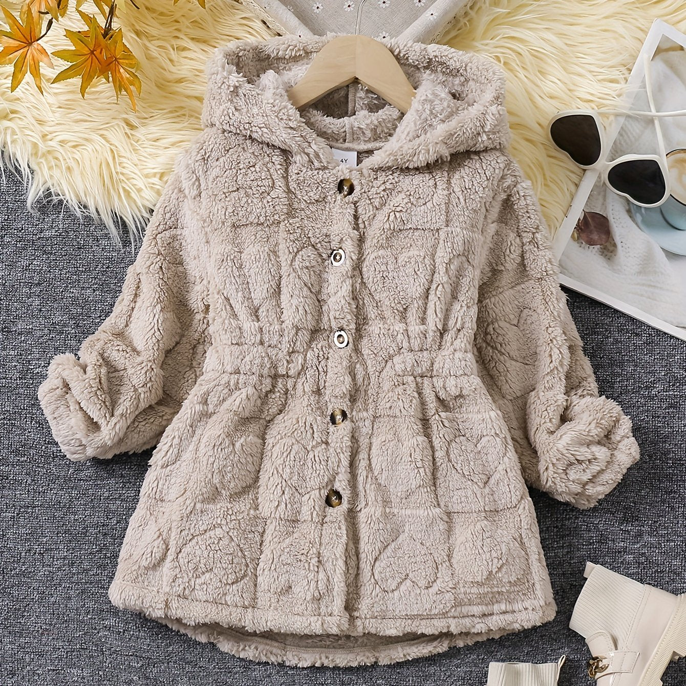 Chic Girls' Hooded Heart Pattern Fleece Cardigan - Cozy & Cute Outerwear for Fall/Winter, Machine Washable