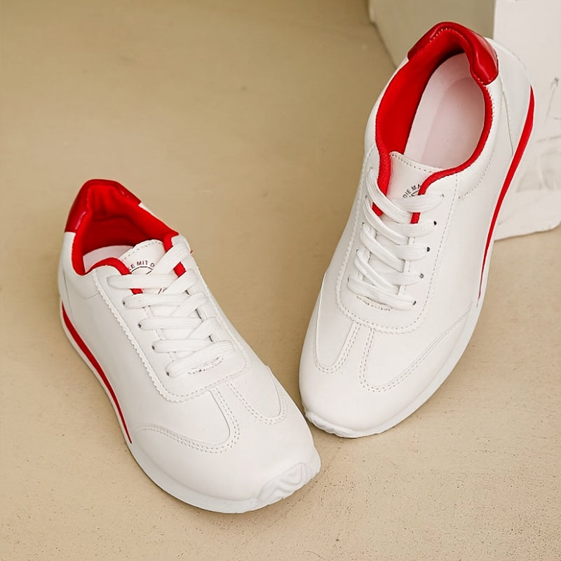 Women's Sneakers, Lace-Up Low-Top with Arch & Cushioned EVA Foam, -like Texture, White & Red Glossy Accent, All-Season Casual & Light Sports Shoes, Stylish White with Red Trim, White/Pink/Black Color Options, Korean Fashion-I