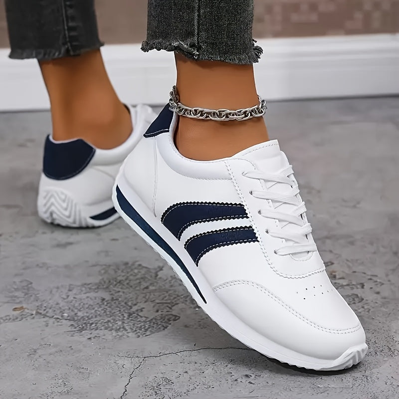 Women's White & Navy Blue Low-Top Sneakers - Soft Cushioned Sole, PU Cover Upper, Lace-Up Round Toe - All-Season Comfortable Walking Shoes (Wide Widths Available) - Casual & Sneakers for, Casual Attire, Shoes For Women, Train