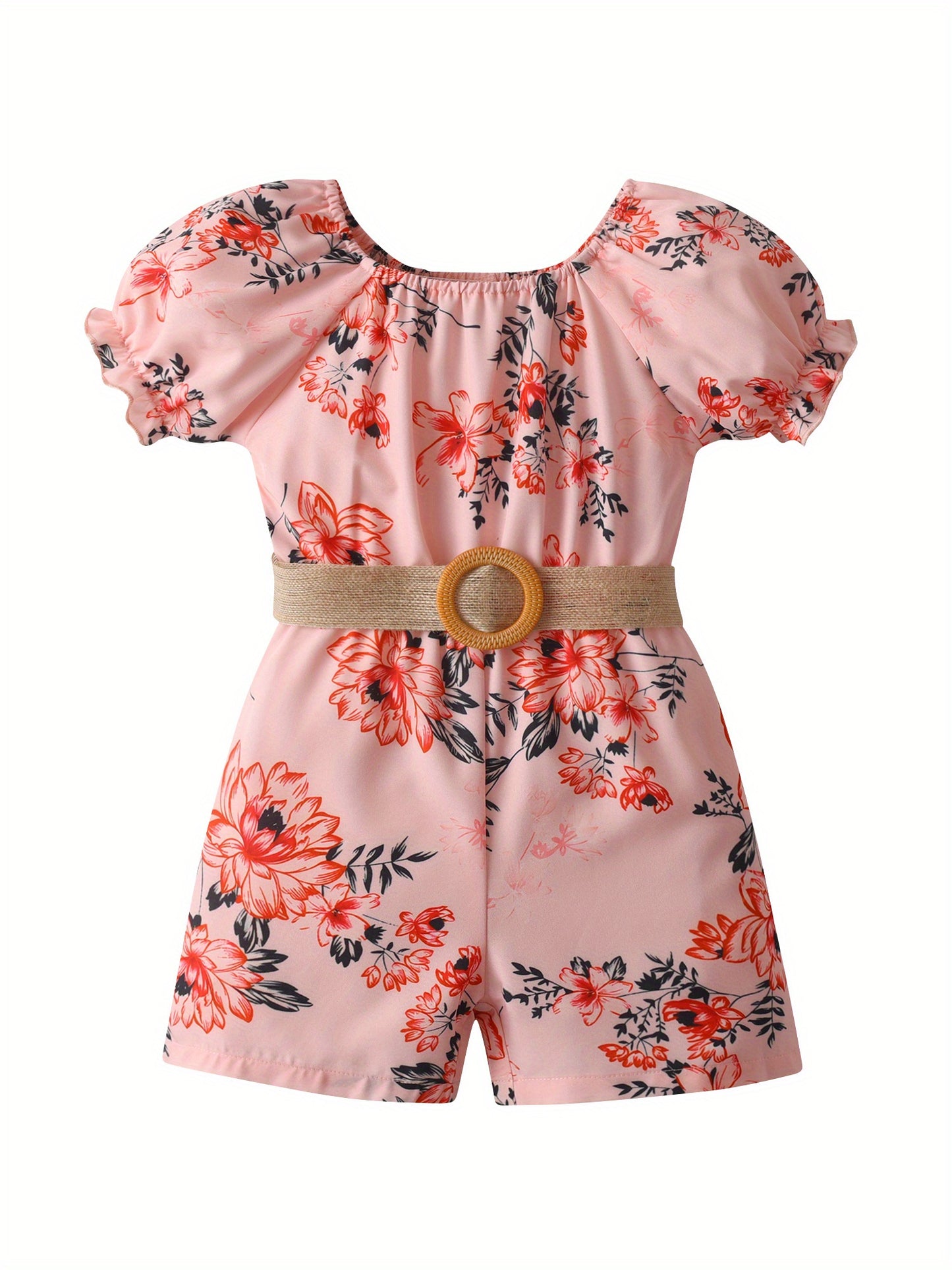 [Floral Romper] Summer Floral Print Girls' Romper Jumpsuit | Puff Sleeve, Lace-Up Belt, Machine Washable, Casual Playwear for 7 Years, Little Girls Clothes, Breathable Fabric