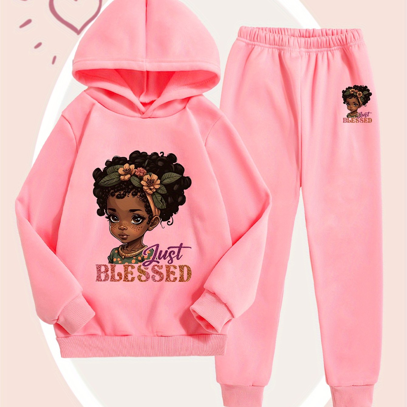 Girls' Fashion Hooded Sweatshirt and Pants Set, Creative Design with Cute Cartoon Prints, Comfortable Soft Polyester for Autumn/Winter Warmth, Perfect for Outdoor