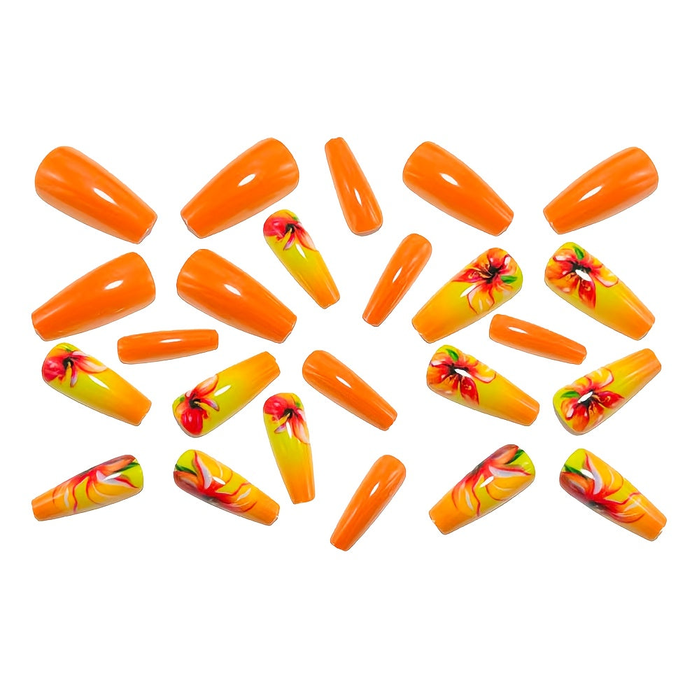 24pcs Ballet Fake Nails with Hand-Painted Orange Gradient Flowers & White tip - Medium Length Press- Nail Patches, Glossy Ballerina Nails Suitable for Dance, Weddings, Parties, Daily Wear