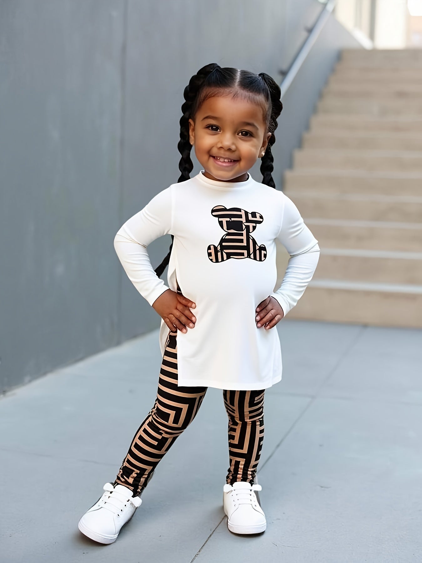 2pcs Winter Outfit Set - Oversized White Smock Dress-like Long Sleeve T-Shirt & Wide-Leg Pants with Matching White & Black Stripes, Soft Stretchy Polyester, Warm Fall/Winter Outfit (0-12 Months), Perfect for Outdoor
