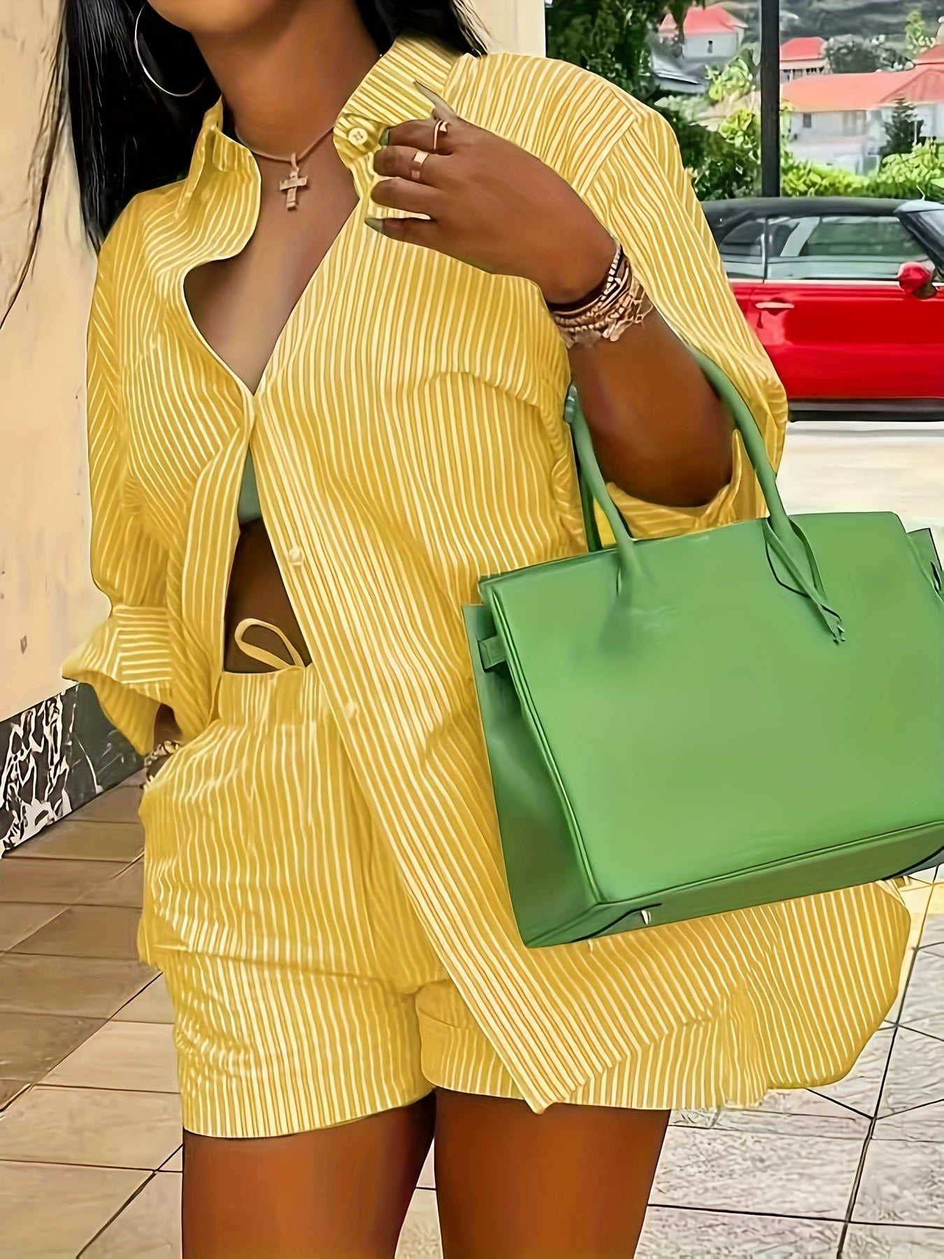 Plus Size Women's Chic Striped Print Two-Piece Set-Long Sleeve Button Shirt and Elastic Waist Shorts with Pockets, Perfect for Spring and Summer Fashion Casual Outings