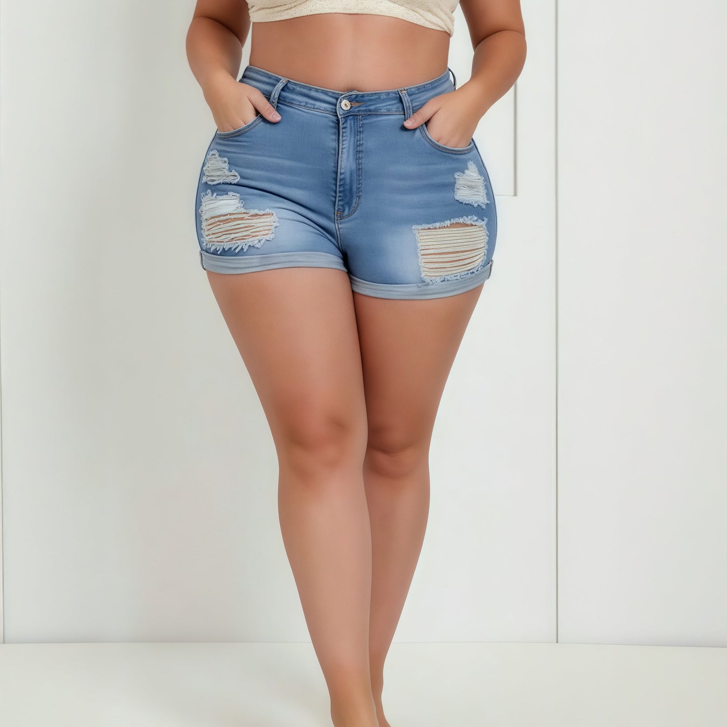 Women'S Large Size High Waist High Stretch Tight Denim Shorts | Multi-hole, Blue Classic, Plus Size 0XL-4XL, Button Fly Closure, Sexy Style, Spring/Summer Season, Ripped Details, WBLTRVE Brand