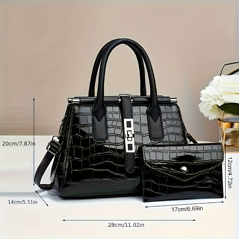 The New Women'S Bag 2025 Fashion Bright Faux Leather Crocodile Print Senior Large Capacity Single Shoulder Crossbody Handbag Two-piece Set