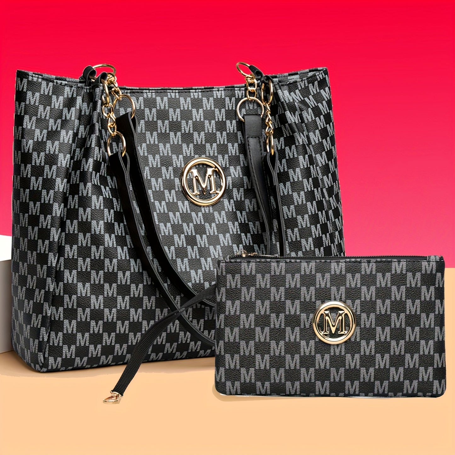 Perfect Lily "M" Logo Tote Bag - Elegant Black & White Checkered Shoulder Bag with Golden Hardware, Large Capacity for Daily Commute, Shopping, Travel - Ideal Gift for Women, Commute Bag|Checkered Pattern Bag|Durable Zippers,