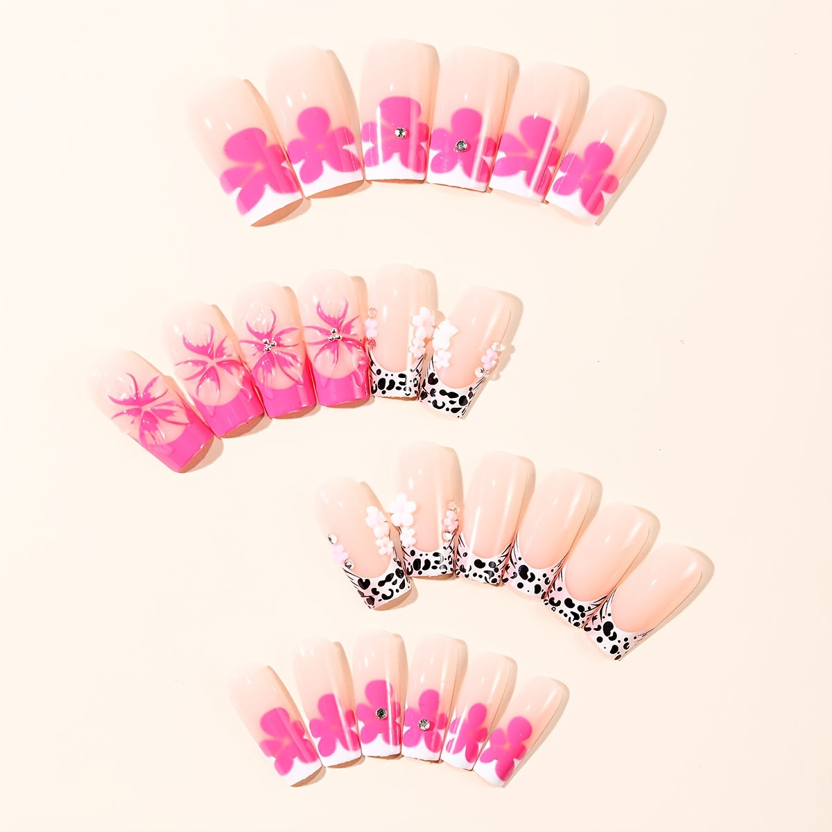 24pcs Pink Gradient Leopard Print 3D Flower Design Artificial Nails | Glossy Finish with Silvery Beads and Rhinestones, Ideal for Daily Wear, Work, Parties, and Carnivals