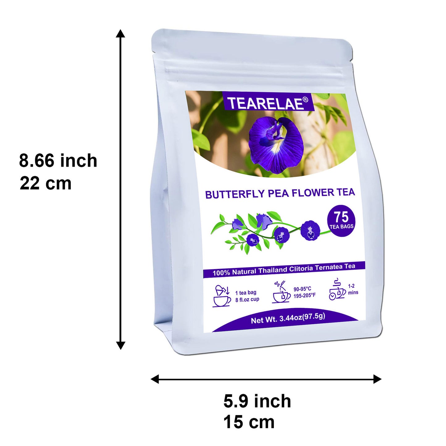 TEARELAE Butterfly Pea Flower Tea Bags - 3.44oz, 75-Count | Natural & Hypoallergenic for Food, Baking & Iced Tea | Magic Color Changing from Blue to Purple | Easy Brew & Share with Family & Friends