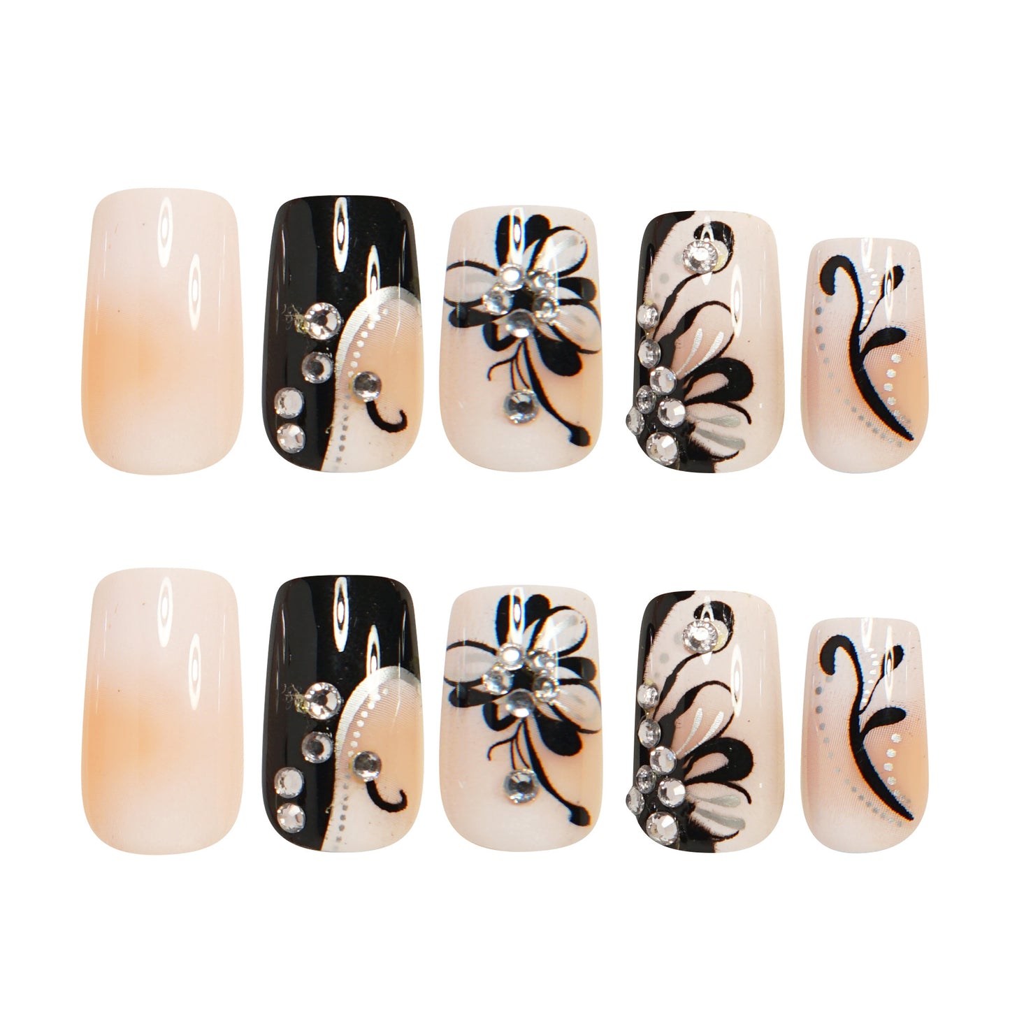 24pcs Spring and Summer Style Medium Water Pipe Black Butterfly Design Fake Nails 3D Rhinestone Silvery Lines Black French Simple High-end Wearable Nails Suitable for Women and Girls Daily Wear and Dating Removable Press-on N