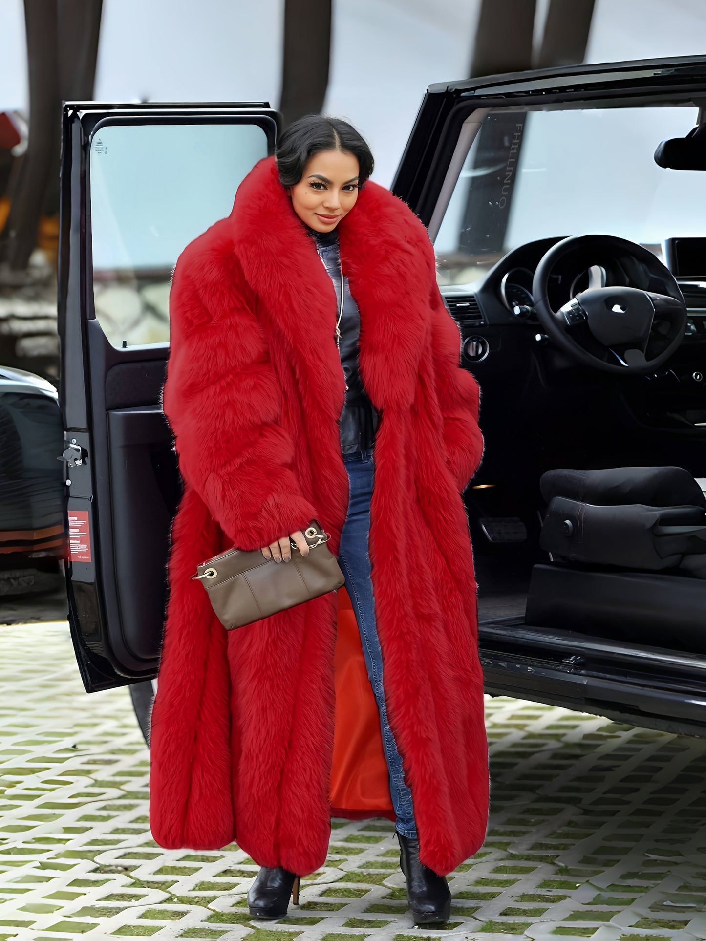 Plus Size - Plus Size Long Faux Rabbit Coat for Women | Stylish and Casual with Elegant Vibe, Non-Stretch Fabric, Lapel Collar, Solid Color, Regular Sleeve, Long Length, Fall/Winter Season