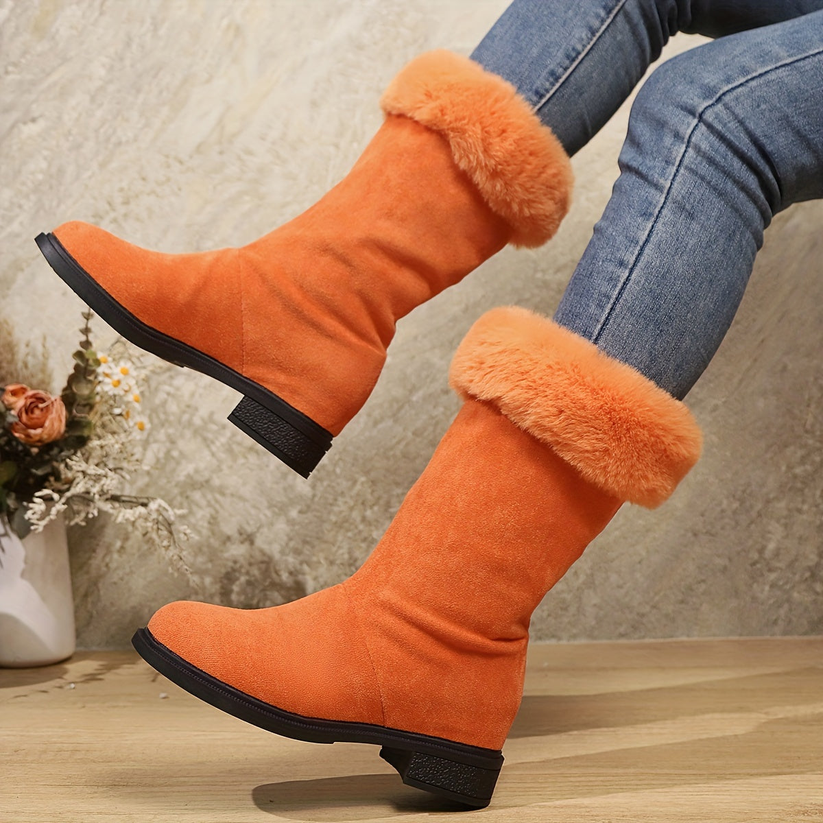 Ladies' Fashion Classic Plush Women'S Boots | Soft Touch, Winter Warm Comfort, Slip-on, Platform Heel, Mid Heel Height