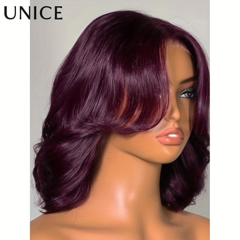 Unice Burgundy 100% Human Hair Layered Glueless Bob Wig with Curtain Bangs - Soft & Silky Shoulder Length, 150% Density, Natural Brown Base & Burgundy Highlights, No Glue Needed, Comfortable & Easy Maintenance, Unisex for Men