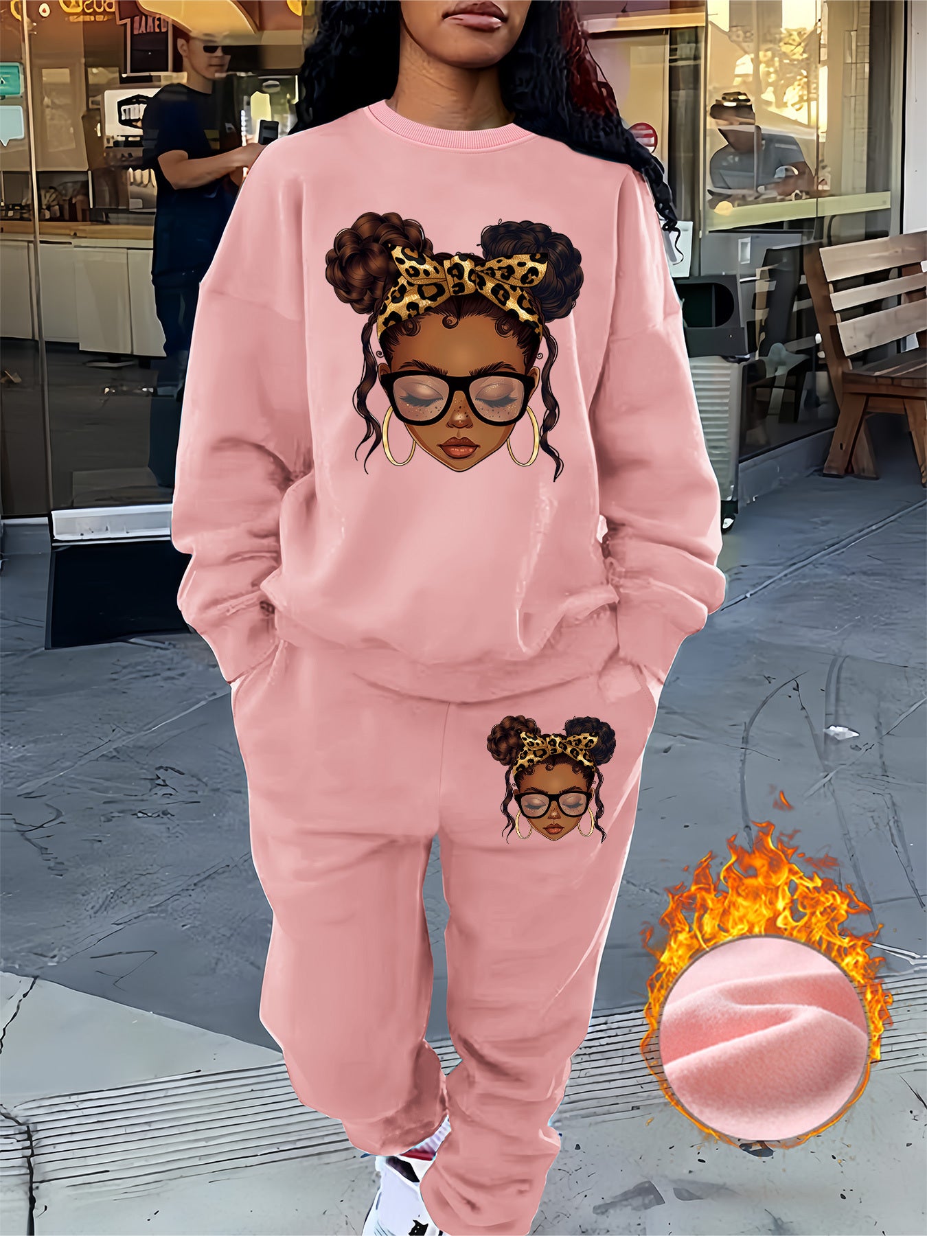 Graphic Print Two Piece Set, Crew Neck Sweatshirt & Pants, Women's Clothing