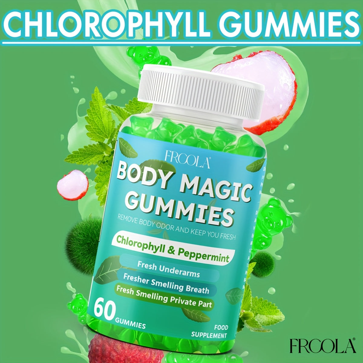 Natural Chlorophyll Gummies - Chlorophyll Daily 60 Gummies, Freshens Breath, Natural Body Deodorizing Supplement, Chlorophyll Herbal Gummies For Women And Men