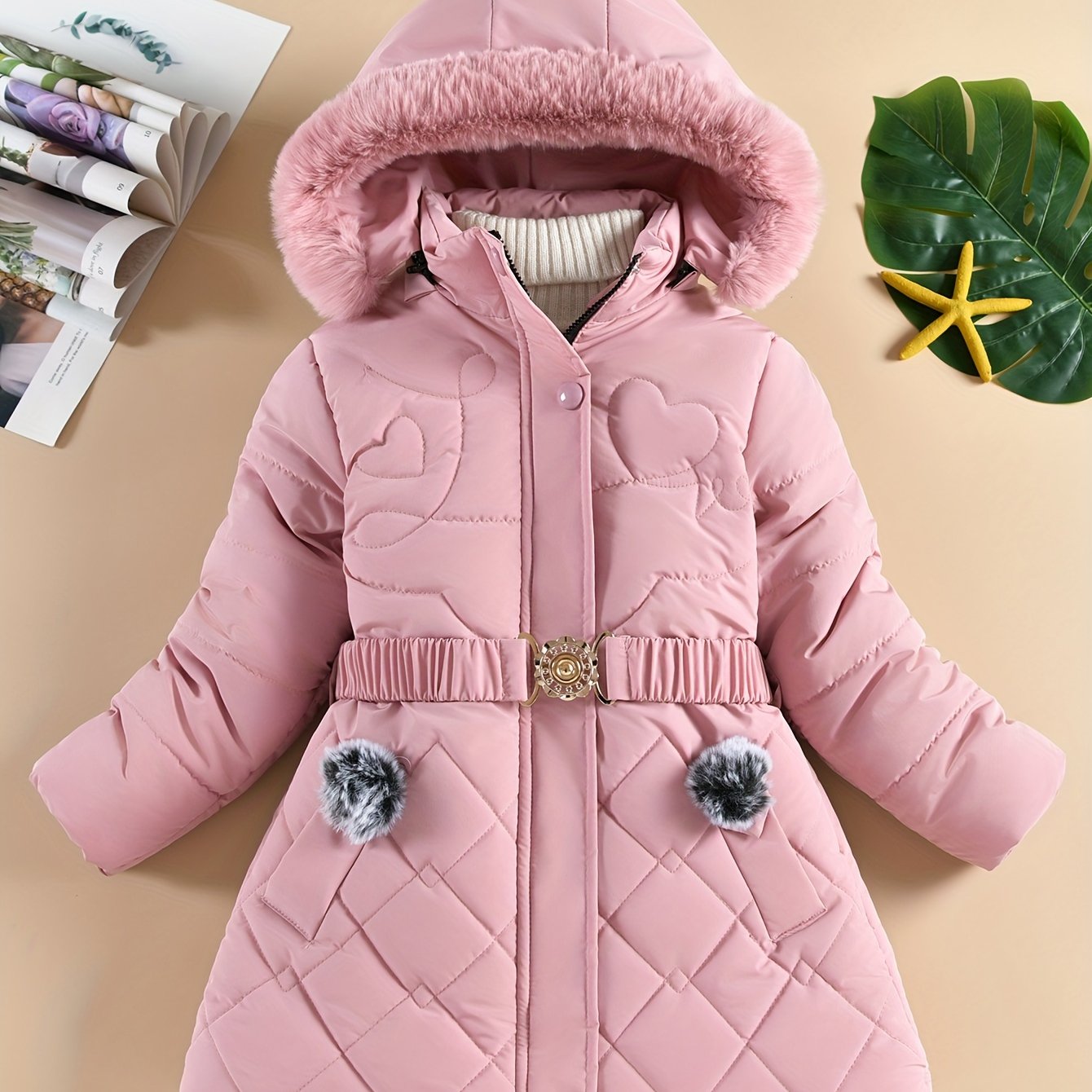 Stylish Girls' Winter Coat with Faux Fur Hood, Heart-Shaped Diamond Pattern, Warm Mid-Length Parka with Belt - Beige, Polyester, Fall/Winter Outerwear for Girls, Girls Winter Clothes