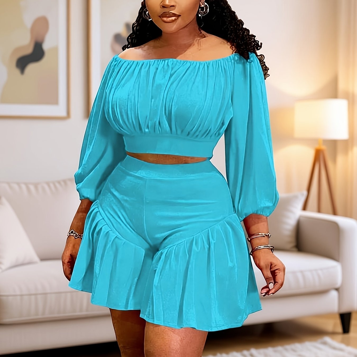 Plus Size - Plus Size - New Fluffy Waist-Cinching Casual Two-Piece Set with Pleated One Neck Design