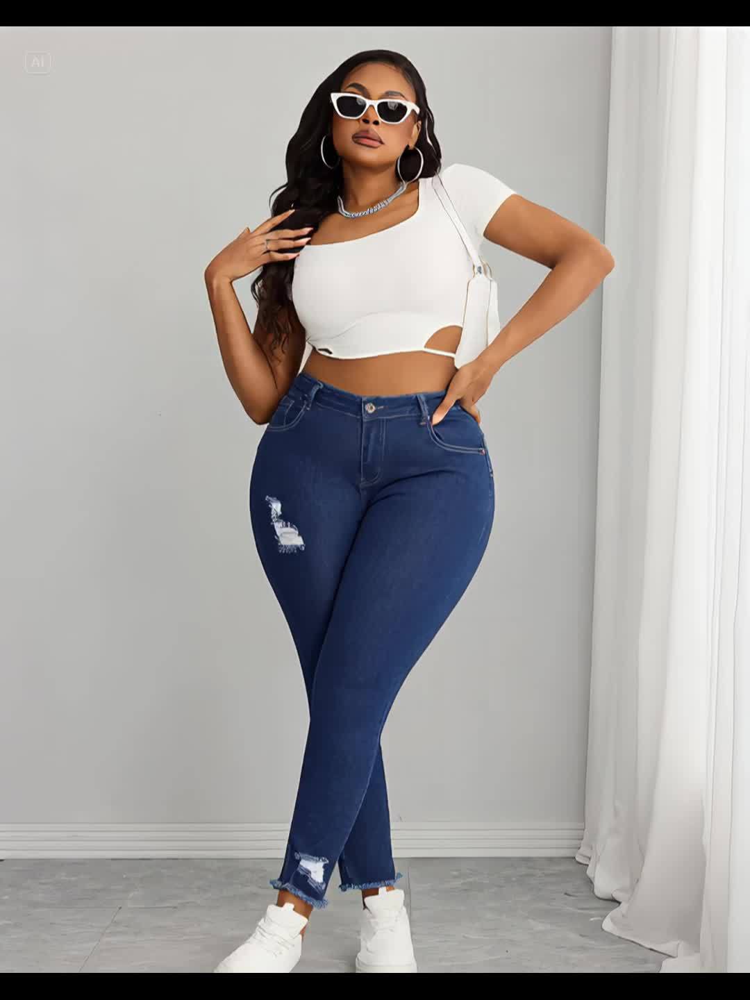 [Torn Skinny Jeans] Large Size Women's Skinny Jeans | Torn with Pockets Casual