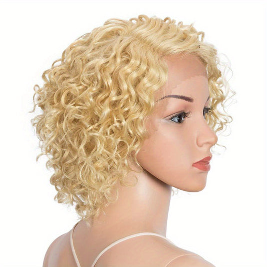 10" Human Hair Afro Wigs Short Curly Wigs for Black Women Lace Front Side Part Wigs (10 Inch, 613)