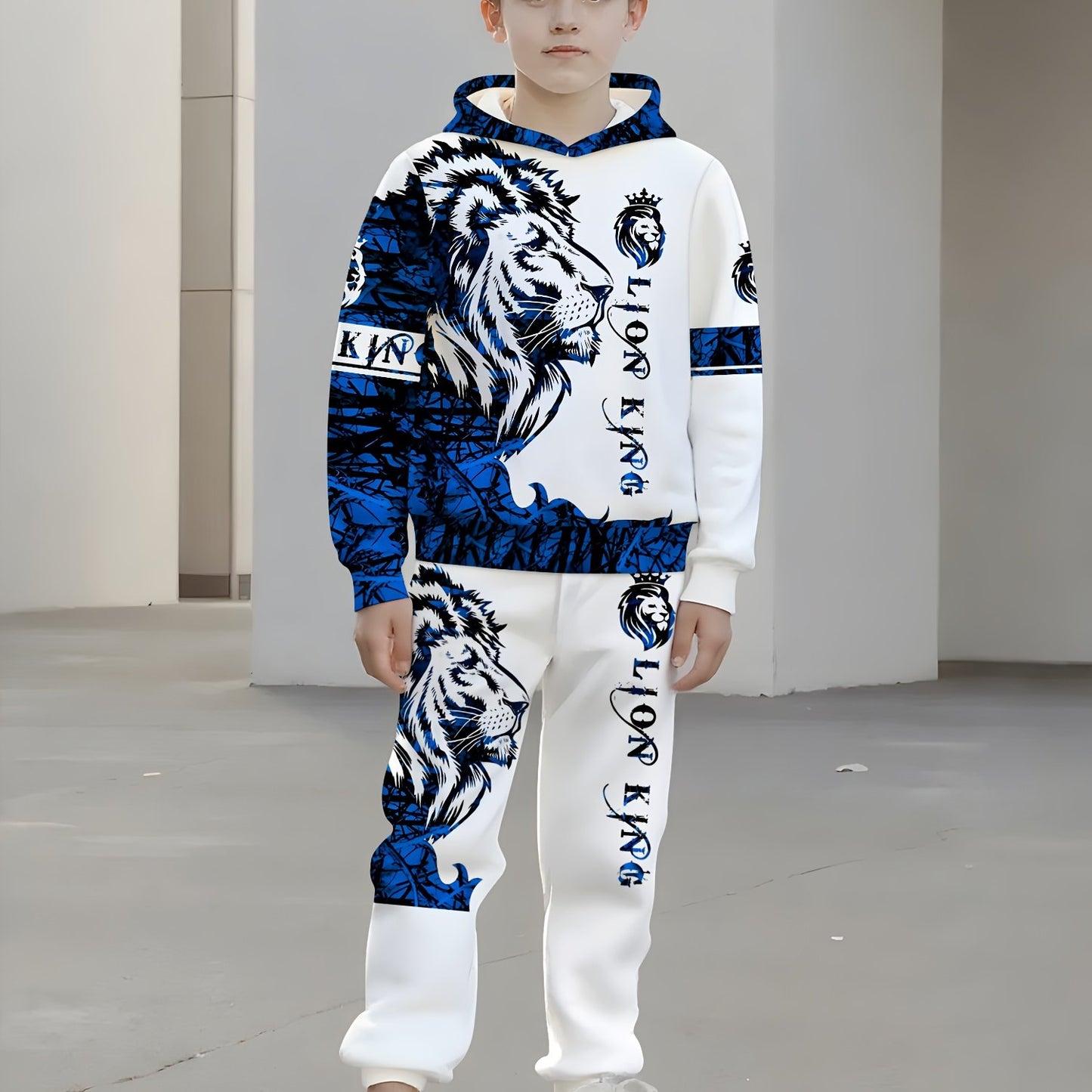 Boys' 3D Lion Print Hooded Tracksuit Set - Casual Sweatshirt & Pants with "Lion King" Design, Medium Stretch, Regular Fit, Perfect for Outdoor Activities, Outdoor Clothing | Casual Style | Medium Stretch Fabric