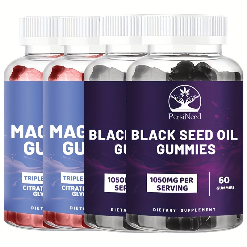 1 Bottle Black Seed Oil & Magnesium Gummies, 1000mg Each, Honey Extract, Sodium, Turkey Tail Mushroom, Triple Complex (Citrate, Malate, Glycinate), Salmon-Free, for Men & Women