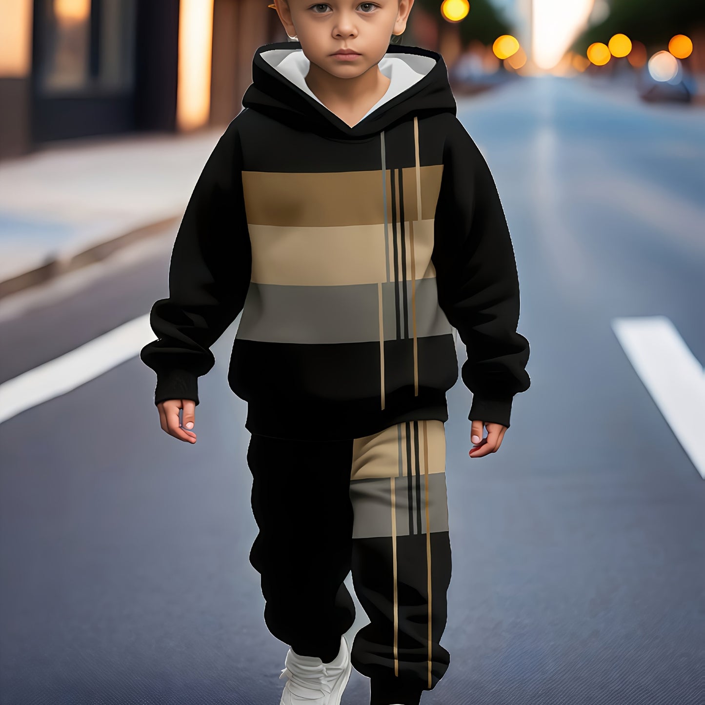 European And American Baby Boys' Autumn/Winter Hot-Selling Two-Piece Set: Color-Block Printed Hooded Sweatshirt + Printed Sweatpants, Perfect for Outdoor