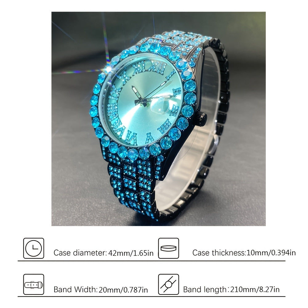 Luxury Ice Blue Rhinestone Quartz Watch for Men & Women - Sparkling Rhinestone-Encrusted Dial, Alloy Case & Band, Date Calendar Display, Battery-Powered Round Party Watch for Mardi Gras, Ramadan, Spring Festival Gifts, Bling