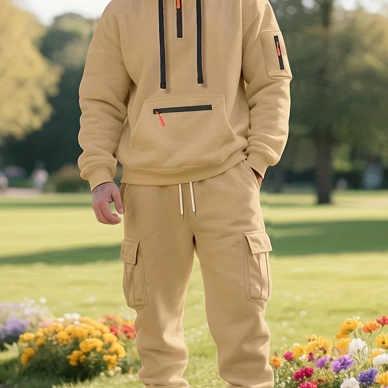 Men'S Style Casual Sportswear Set - Thickened Hooded Sweatshirt & Joggers with Pockets, Long Sleeve, Regular Fit, Solid Color, Button Detail, Fall/Winter Collection