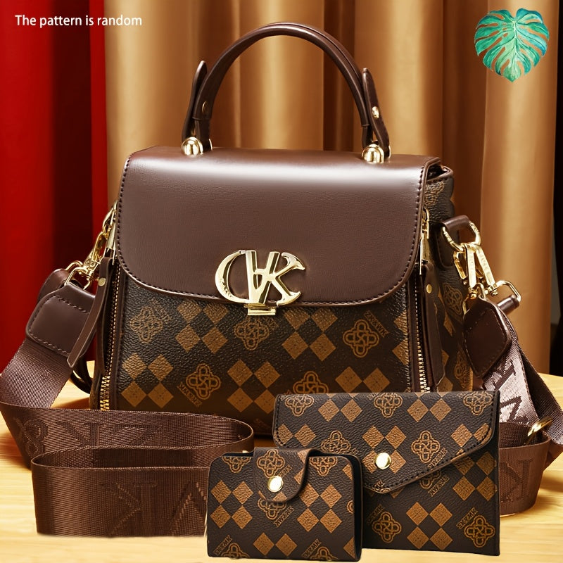 Women'S Handbag Set - Elegant Brown & Golden Tote with Detachable Strap, Zipper Closure, Polyester - Stylish Everyday & Formal Purse for Women, Versatile For Casual & Formal Occasions, Ladies Handbags, Urban Style, Durable Co