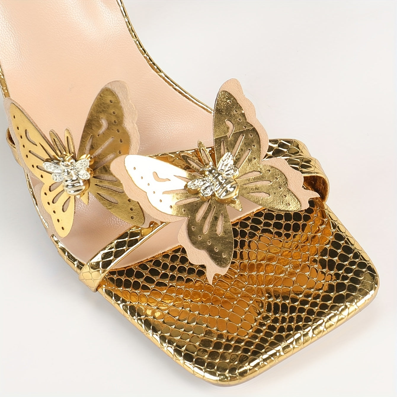 2024 Summer New Arrival Metallic Ankle Wrap Butterfly Decor High Heel Sandals for Women - Elegant Lace-Up, Square Toe, Contoured Heel, EVA Upper & Sole, Rubber Insole, Ideal for Parties and Formal Events, Formal Footwear | El
