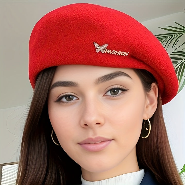 1pc Women's Rich Red Wool Beret Hat with Rhinestone Butterfly & Letter Embellishments - 3D Structured Painter-Style Wedding & Special Occasion Accessory, Breathable Non-Stretch Fit, Stylish Letter Motif, Decorative Elements