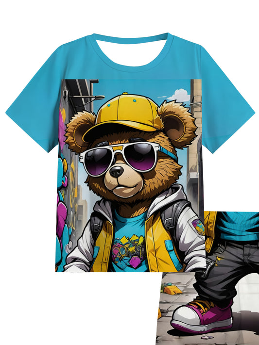 Summer Fashion Boy's Cool Street Hip-hop Trend Cartoon Short Sleeve And Shorts Set, Very Suitable for Summer Outdoor Activities, Daily Life, Leisure, Entertainment, Gatherings, Parties, School, Travel, An Ideal Gift., Perfect