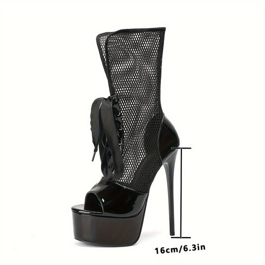 Sexy High Heel Ankle Boots with Lace-Up Design And Mesh Toe - Waterproof Platform, Pure Color, And Unwashable