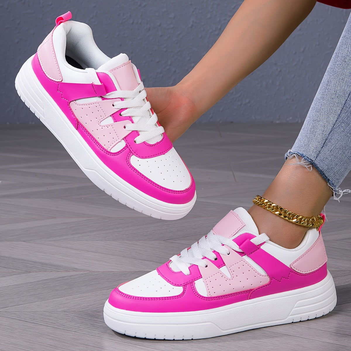 Women'S Plus-Size Pink & White Contrast Platform Sneakers - Breathable Synthetic Cover, Thick Cushioned EVA Sole, Low-Top Lace-Up Casual Sports Shoes for All-Season Comfort, Ladies Sneakers, Allseason Footwear, Durable Comfor