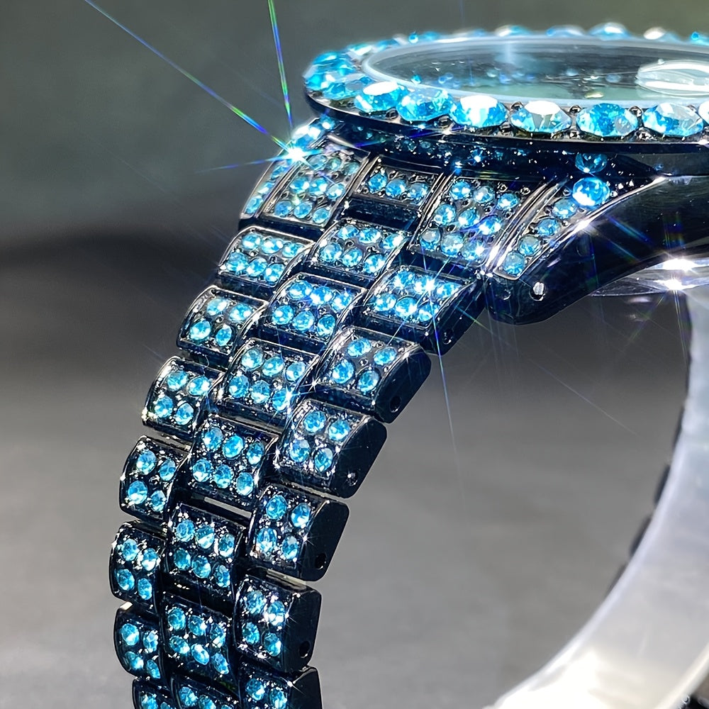 Luxury Ice Blue Rhinestone Quartz Watch for Men & Women - Sparkling Rhinestone-Encrusted Dial, Alloy Case & Band, Date Calendar Display, Battery-Powered Round Party Watch for Mardi Gras, Ramadan, Spring Festival Gifts, Bling