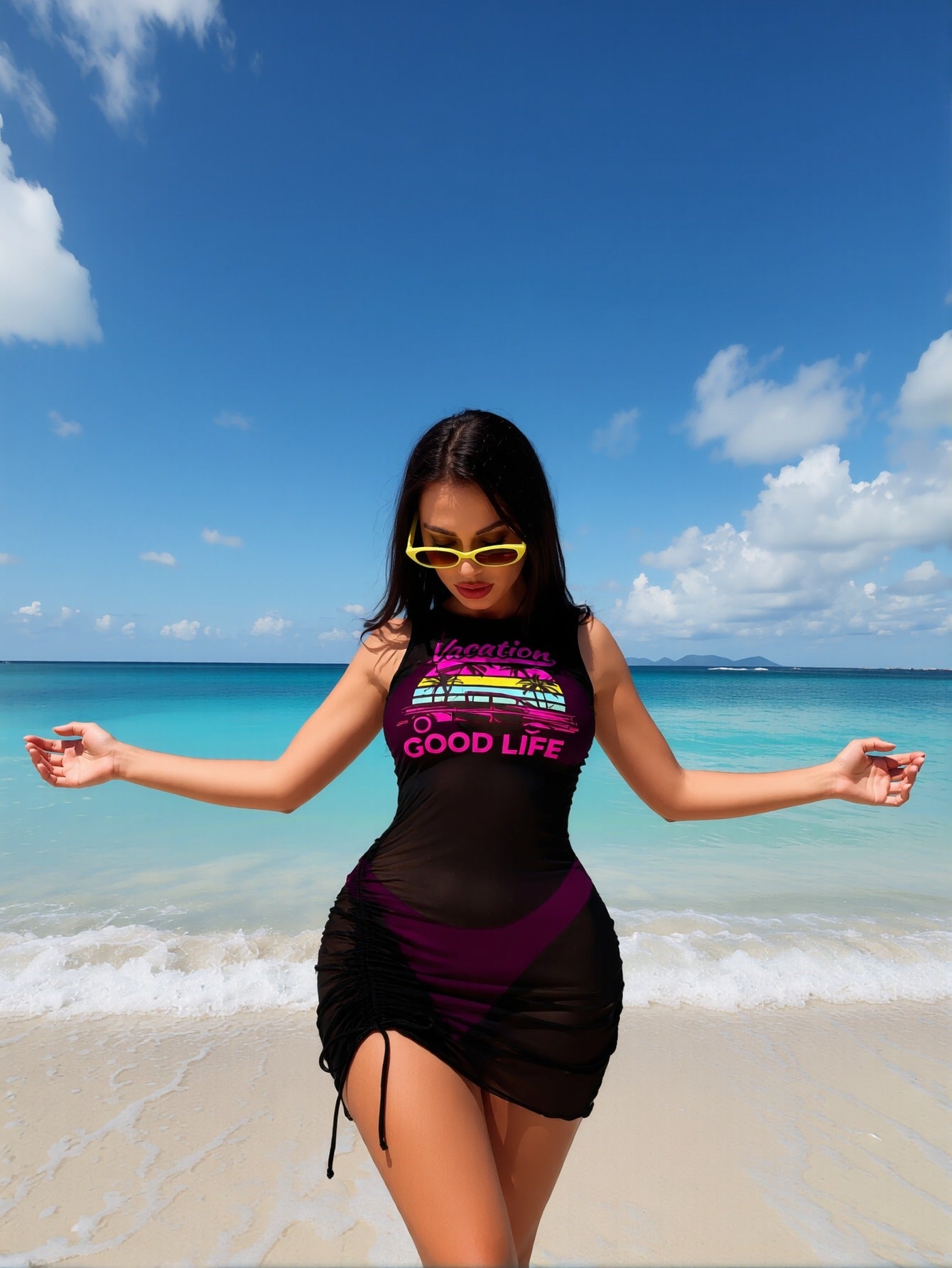 2026 New Plus Size Trendy Swimsuit Set Black Purple Color Block Mesh Print Cover Up Triangle Bottom Gather Coverage High Waist Soft Women's Summer Vacation Swimwear