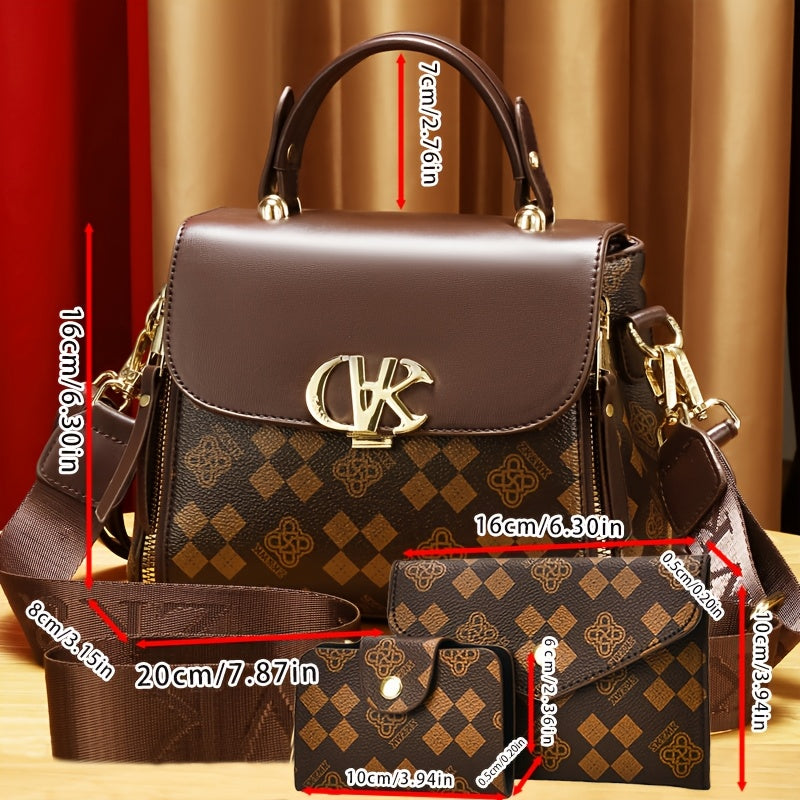 Women'S Handbag Set - Elegant Brown & Golden Tote with Detachable Strap, Zipper Closure, Polyester - Stylish Everyday & Formal Purse for Women, Versatile For Casual & Formal Occasions, Ladies Handbags, Urban Style, Durable Co