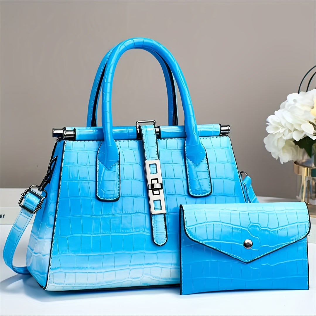 The New Women'S Bag 2025 Fashion Bright Faux Leather Crocodile Print Senior Large Capacity Single Shoulder Crossbody Handbag Two-piece Set