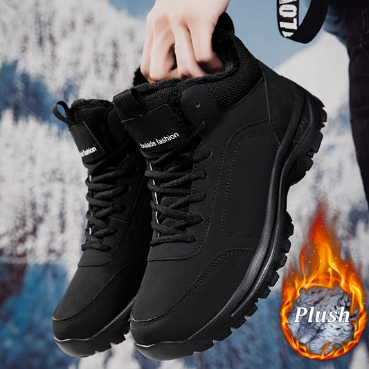 Men's Winter High-Top Sneakers - Warm & Lightweight Thermal Shoes with Fuzzy Collar, Non-Slip MD Sole & PU Upper, Lace-Up Ankle for Outdoor, Travel, Walking - Black - Ideal for Cold Weather & Snow - Casual Winter Boots for Me