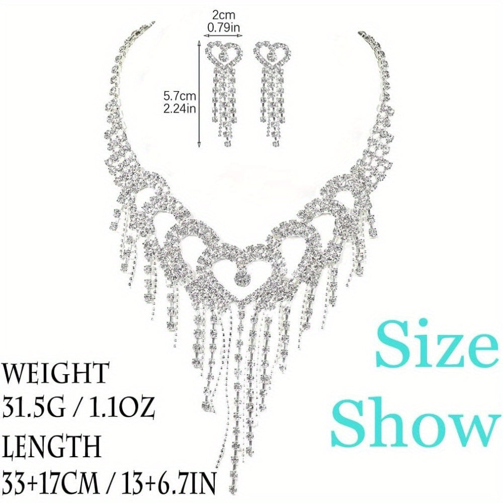 Bride Wedding Necklace Earrings Set Sliver Rhinestone Necklace Love Crystal Necklace Set Bride Bridesmaid Prom Necklace Accessories for Women